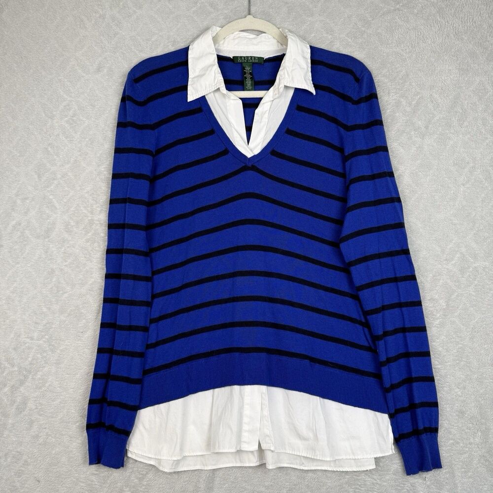 Ralph Lauren Layered Faux Collared Shirt Sweater Womens Large Blue Stripe Preppy